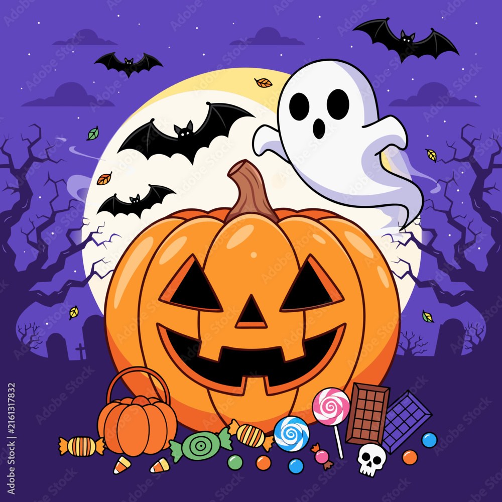 Fototapeta premium Halloween jack-o-lantern with ghost and flying bats in spooky night scene vector illustration
