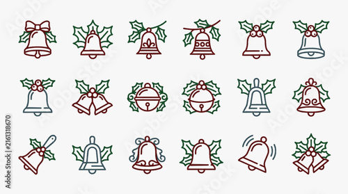 Collection of eighteen stylized Christmas bell line icons with holly leaves and berries. Includes various bell designs, jingle bells, and bows in red, green, and blue outlines on white.