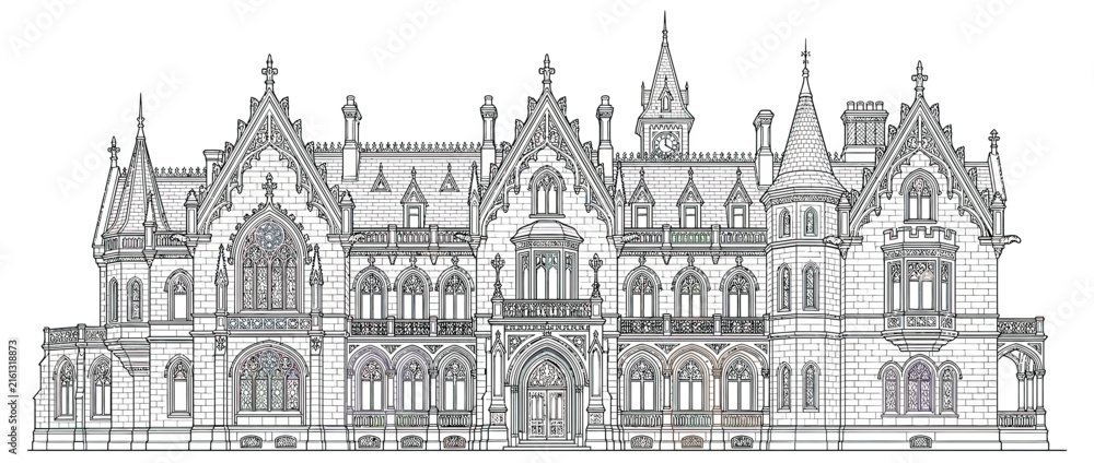 Obraz premium Gothic Architecture Building Facade Outline Isolated