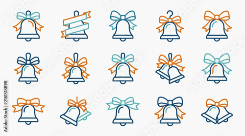 Set of 15 decorative bell icons featuring various ribbon styles and bows in blue and orange. Minimalist line art festive symbols for Christmas, weddings, and celebration designs.