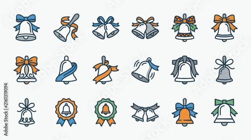Vector collection of eighteen stylized Christmas bell icons featuring various designs with decorative bows, ribbons, and leaves in blue, orange, and green colors on a white background.