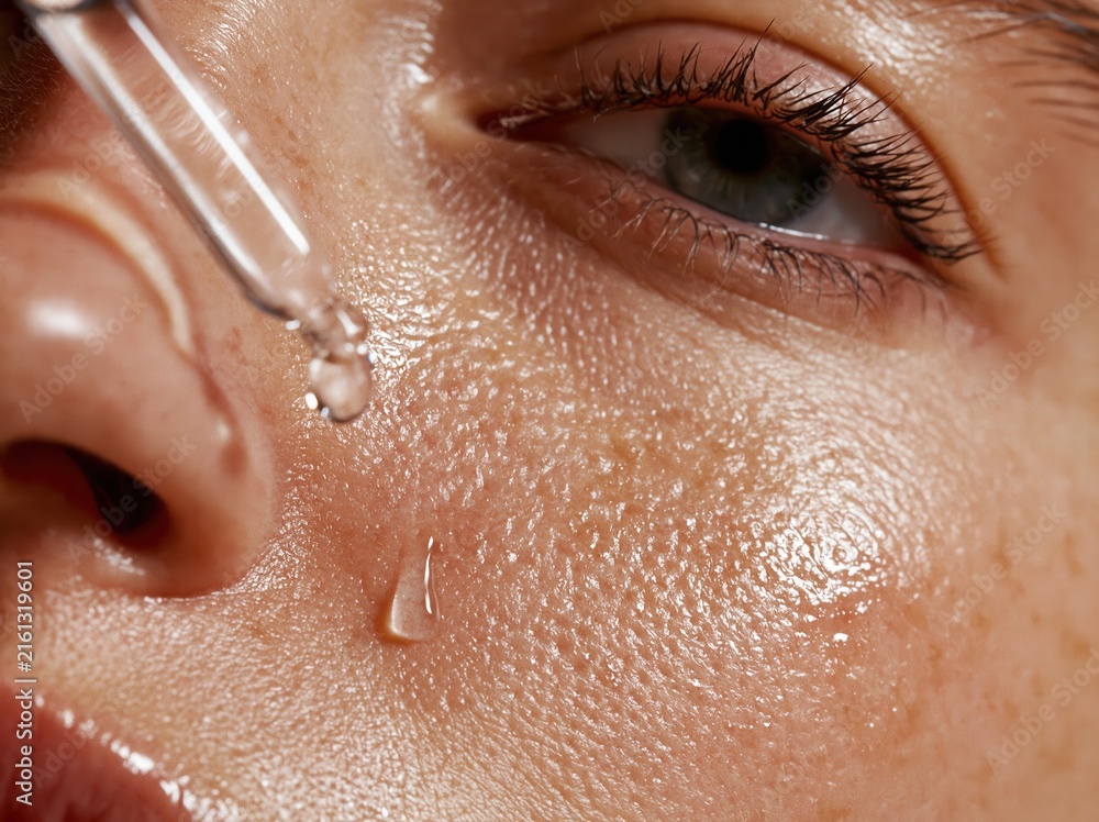 Fototapeta premium a woman's cheek with enlarged pores and a single transparent droplet of facial serum 
