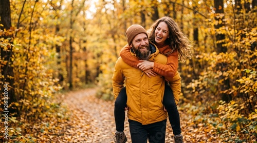 Happy young couple having fun and piggybacking on a walk in a beautiful golden autumn forest
