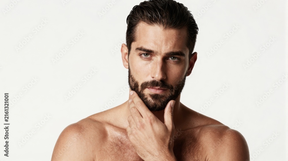 Naklejka premium Shirtless Handsome Man with Beard Touching Chin