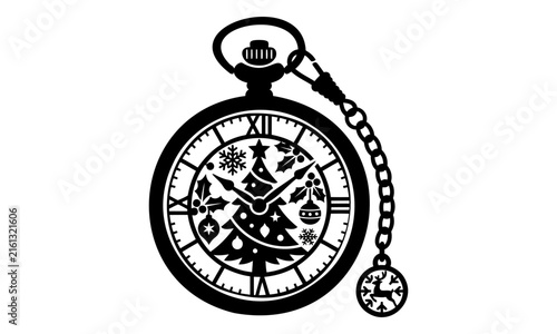 Antique pocket watch silhouette with roman numerals, christmas ornaments, and snowflakes