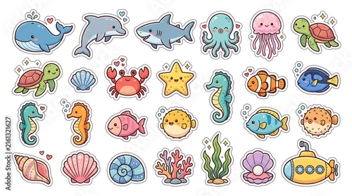 Cute Sea Animal Stickers Set, Kawaii Ocean Life Icons and Underwater Creatures Collection