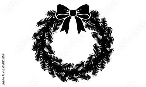 Black and white pine wreath silhouette with large satin bow, christmas decoration holiday wreath