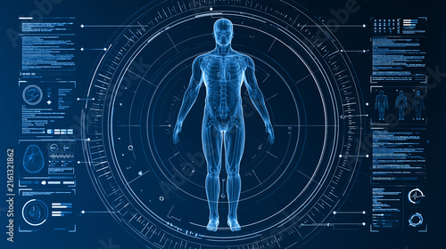 Glowing human hologram surrounded by floating medical data, body diagnostics and healthcare interface elements, digital health, artificial intelligence, medical imaging, patient