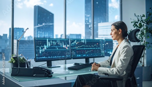 Professional Woman Analyzing Stock Charts at Modern Office