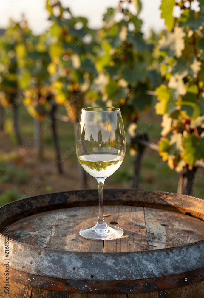 Naklejka premium Wine tasting experience in a vineyard, white wine glass on a rustic barrel, winemaking and viticulture concept at sunset