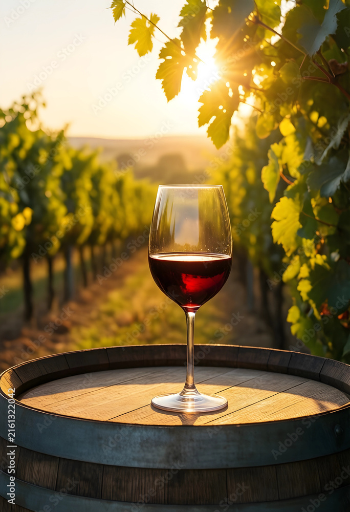 Naklejka premium Wine tasting and vineyard experience at sunset, red wine glass on a barrel in a rural landscape