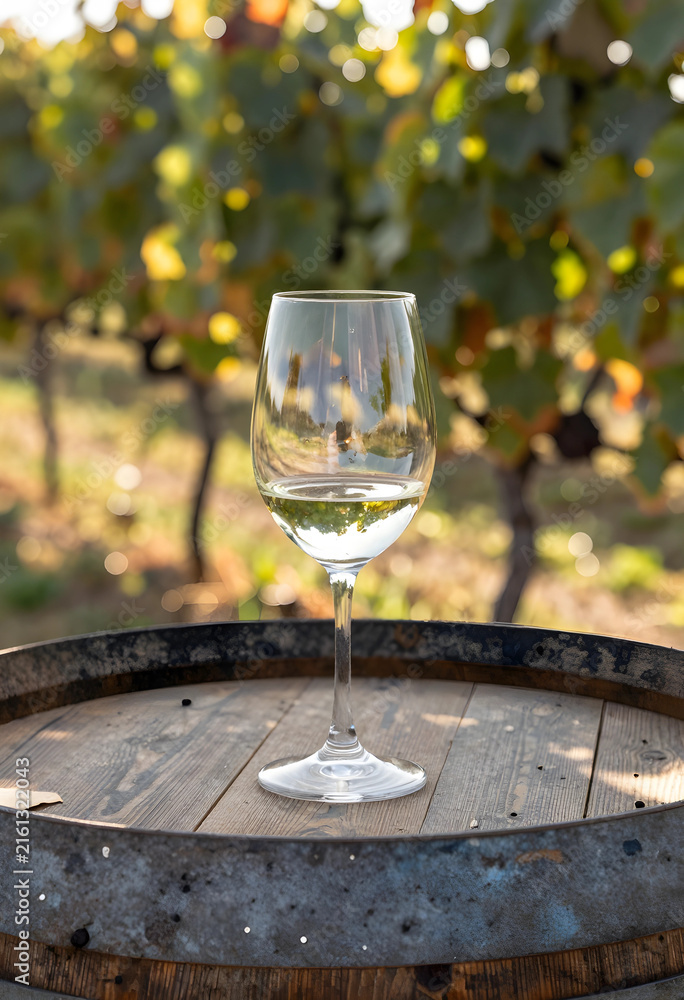 Naklejka premium Wine tasting experience, glass of white wine on a rustic barrel in a sunny vineyard, viticulture and winemaking