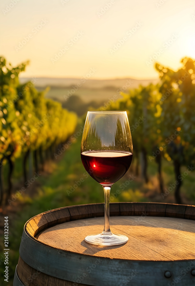 Naklejka premium Wine tasting and vineyard experience, red wine glass on a barrel at sunset in a rural landscape