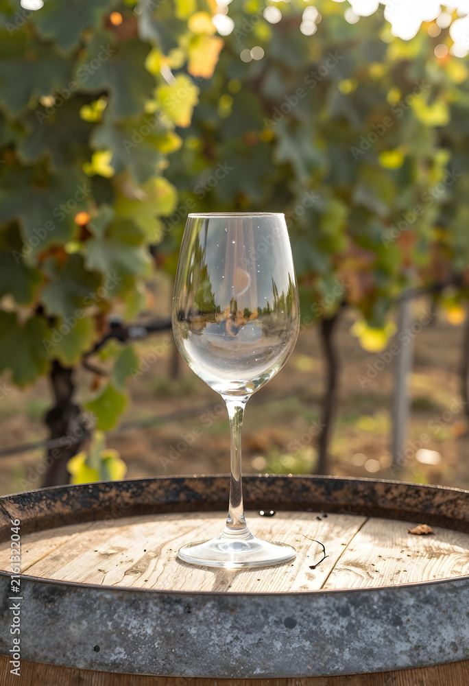 Naklejka premium Wine tasting experience, empty glass on a rustic barrel in a sunny vineyard, viticulture and winemaking