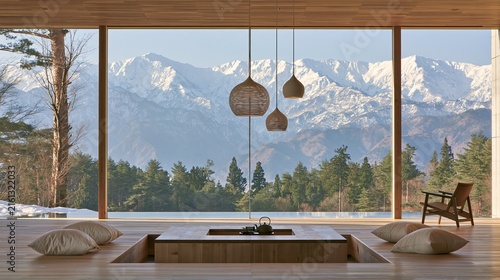 Modern mountain reading room with panoramic snow capped mountain views and wooden interior