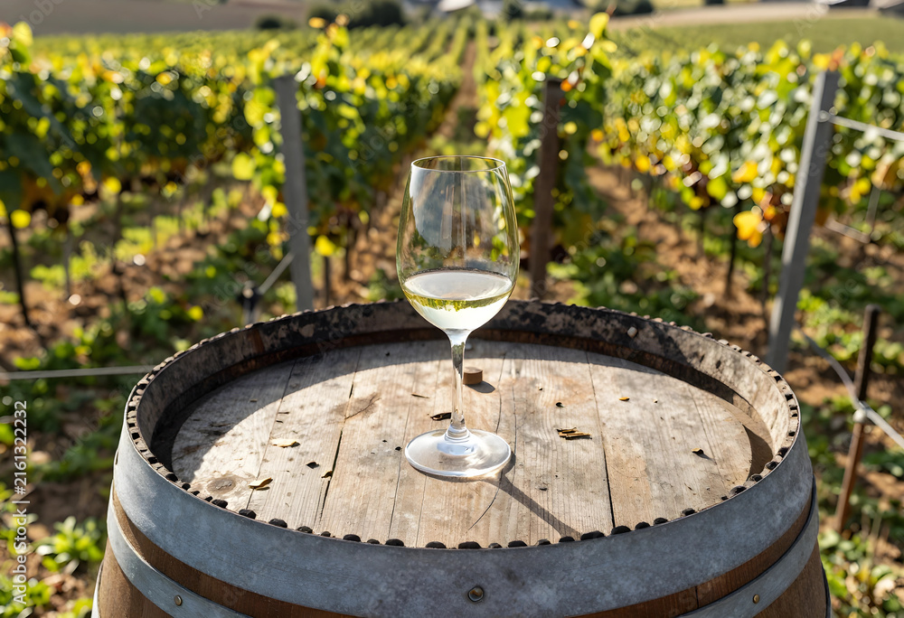Naklejka premium Wine tasting experience in a vineyard, white wine glass on a wooden barrel, viticulture and winemaking industry