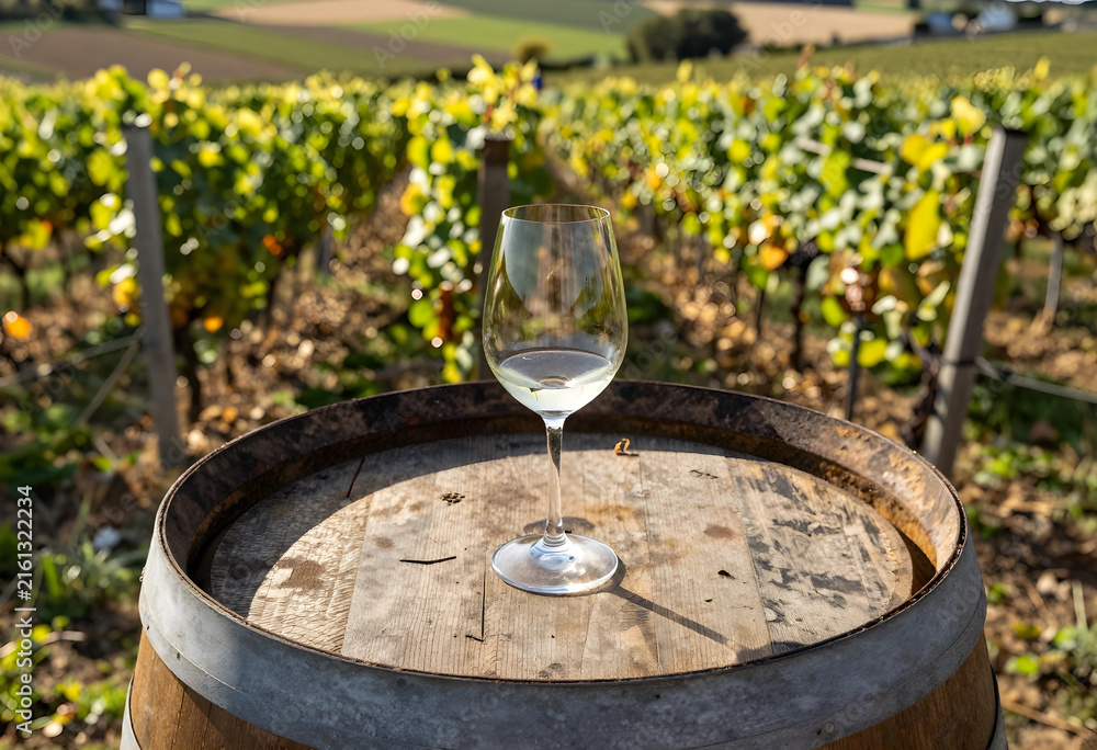Naklejka premium Wine tasting experience in vineyard, white wine glass on a wooden barrel, viticulture and winemaking industry
