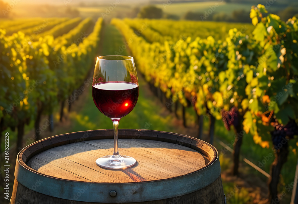 Naklejka premium Wine tasting and vineyard tourism, red wine glass on a wooden barrel with grapevines in a sunny field at sunset