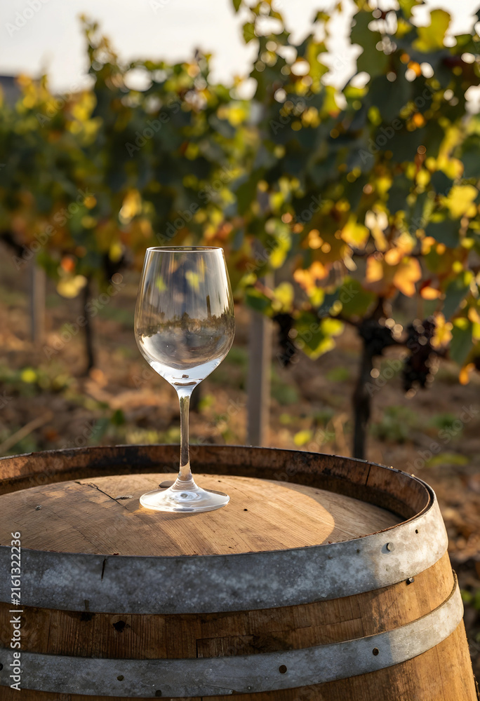 Naklejka premium Wine tasting and vineyard experience, empty glass on a wooden barrel in a sunny autumn vineyard