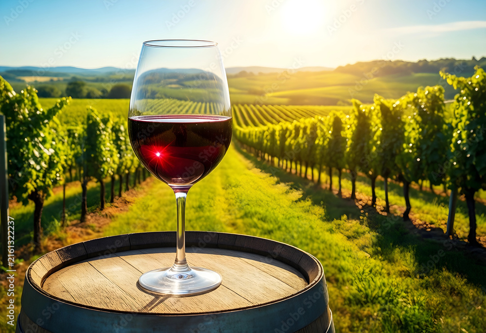 Naklejka premium Wine tasting and vineyard tourism, red wine glass on a barrel with sunny grapevines and rural landscape