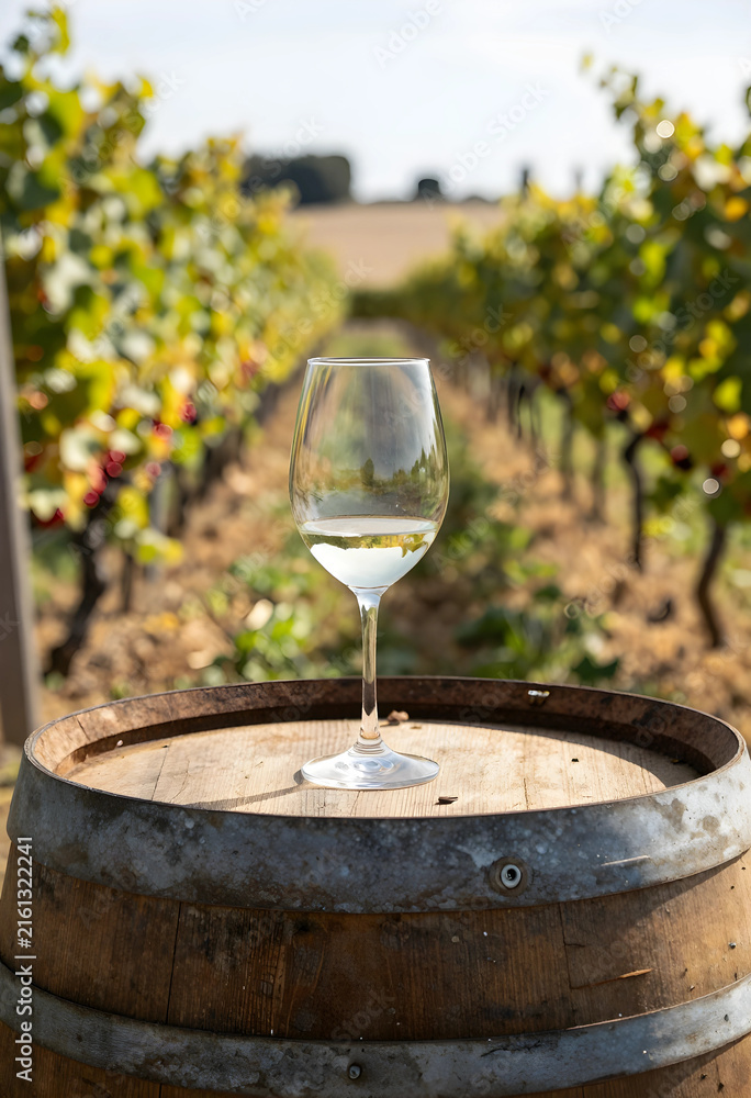 Naklejka premium Wine tasting experience and vineyard tourism, glass of white wine on a wooden barrel in a sunny vineyard