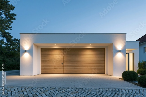 Modern house exterior with wooden garage door at twilight