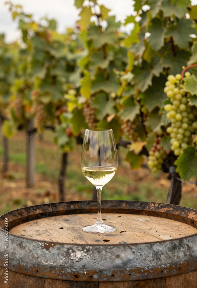 Naklejka premium Wine tasting experience in a vineyard, white wine glass on a rustic barrel with ripe grapes and green leaves