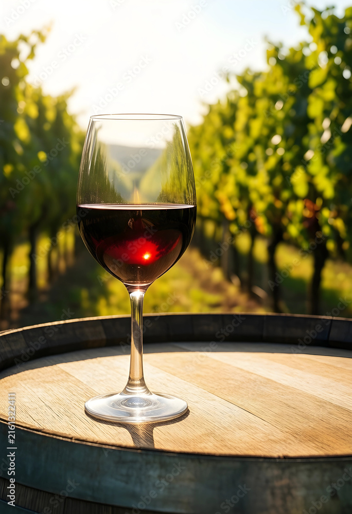 Naklejka premium Wine tasting and vineyard experience, red wine glass on a wooden barrel with grapevines in the background