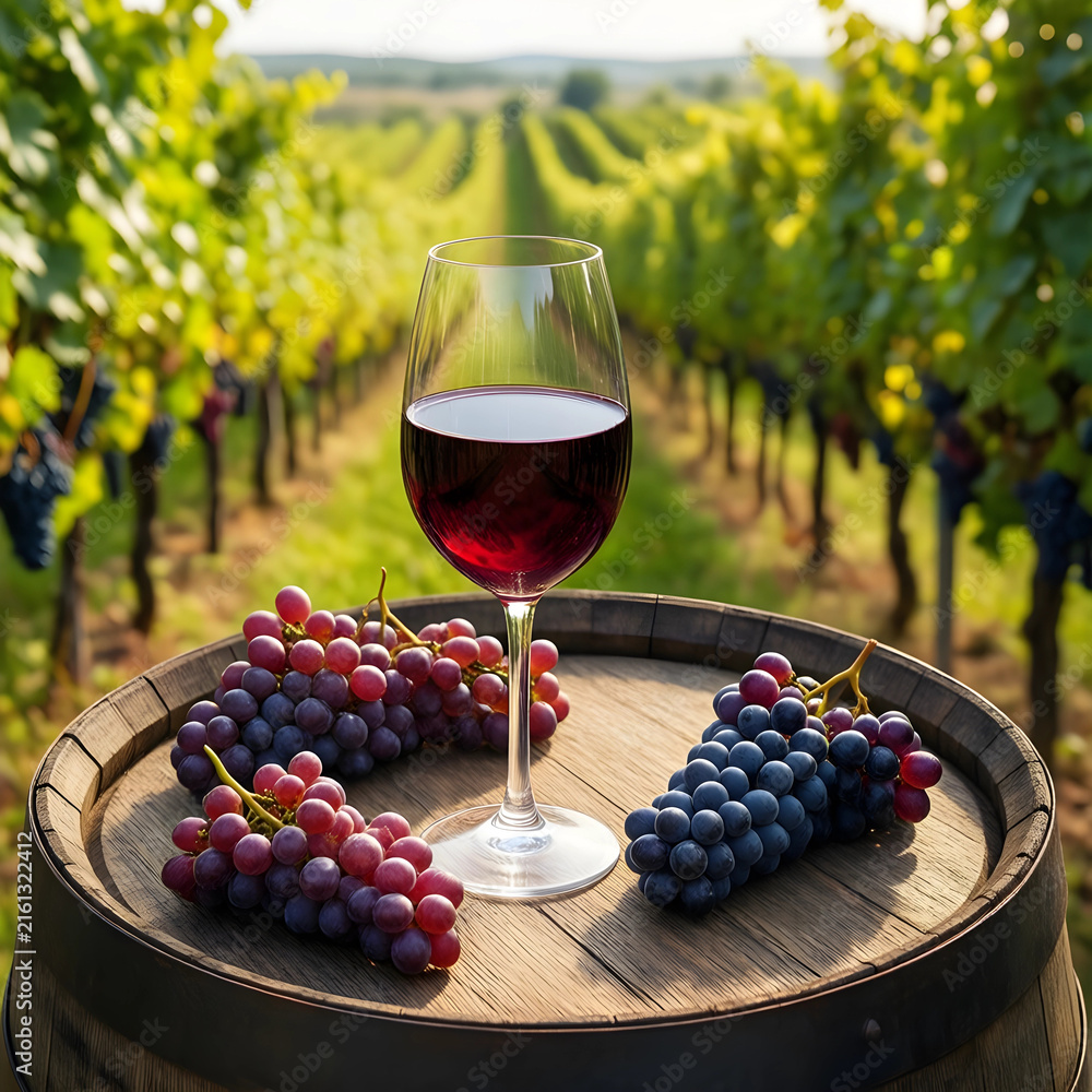 Naklejka premium Wine tasting and vineyard experience, red wine glass with fresh grapes on a barrel in a sunny winery landscape