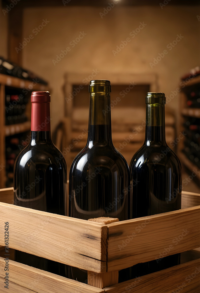 Naklejka premium Wine cellar storage and aging process, red wine bottles in a wooden crate, viticulture and winemaking industry