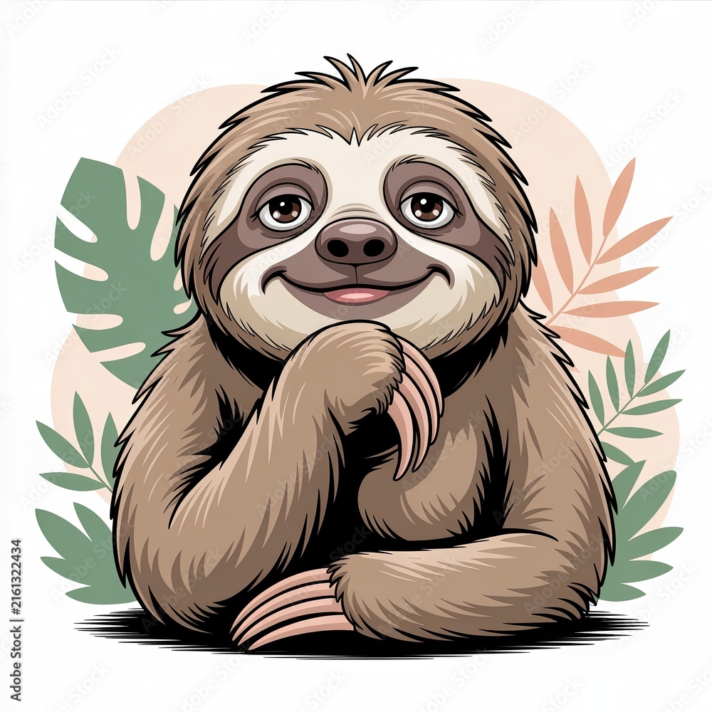 Naklejka premium Cute cartoon sloth illustration with a thoughtful expression and tropical leaves background