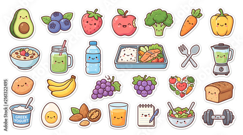 Cute Healthy Food Stickers Set with Kawaii Fruits Vegetables and Fitness Icons