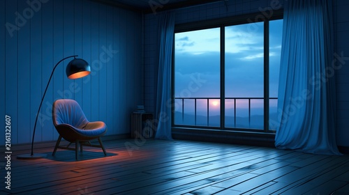 Minimalist reading room interior with a cozy armchair and warm floor lamp at twilight.