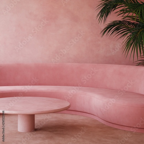 Minimalist pink living room interior with curved sofa and round coffee table
