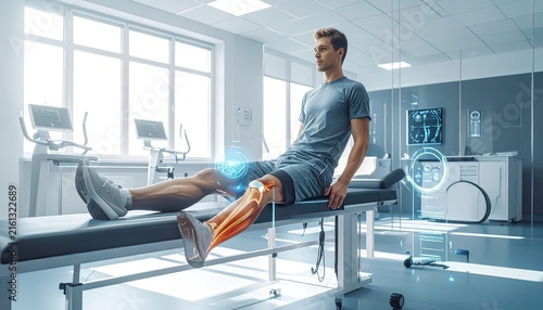 Athletic Man Rehabilitation Demonstrating Leg Joint Technology in Modern Clinic
