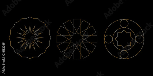 Set of luxury geometric gold frame vector. Gradient gold polygonal geometric shape on black background template. Elegant design illustration for wedding invitation card, decoration, poster, banner.