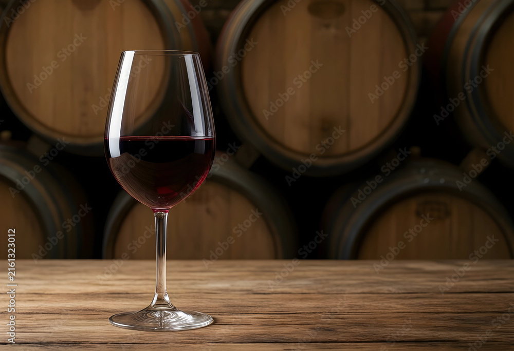 Naklejka premium Wine tasting and sommelier experience, red wine glass on a rustic wooden table in a dark cellar with oak barrels