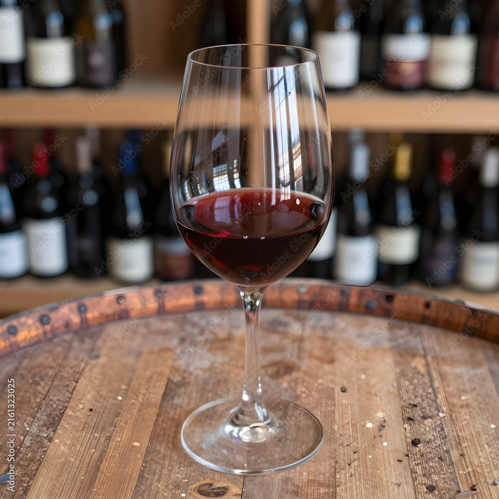 Naklejka premium Red wine tasting experience, glass of merlot on a rustic wooden barrel in a winery cellar with bottles