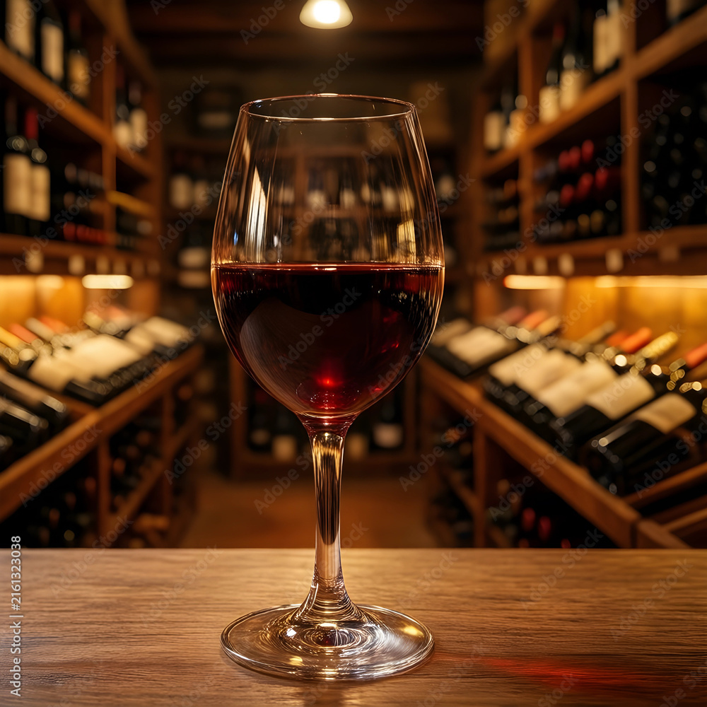 Naklejka premium Wine tasting and sommelier experience, red wine glass on a wooden table in a dimly lit wine cellar