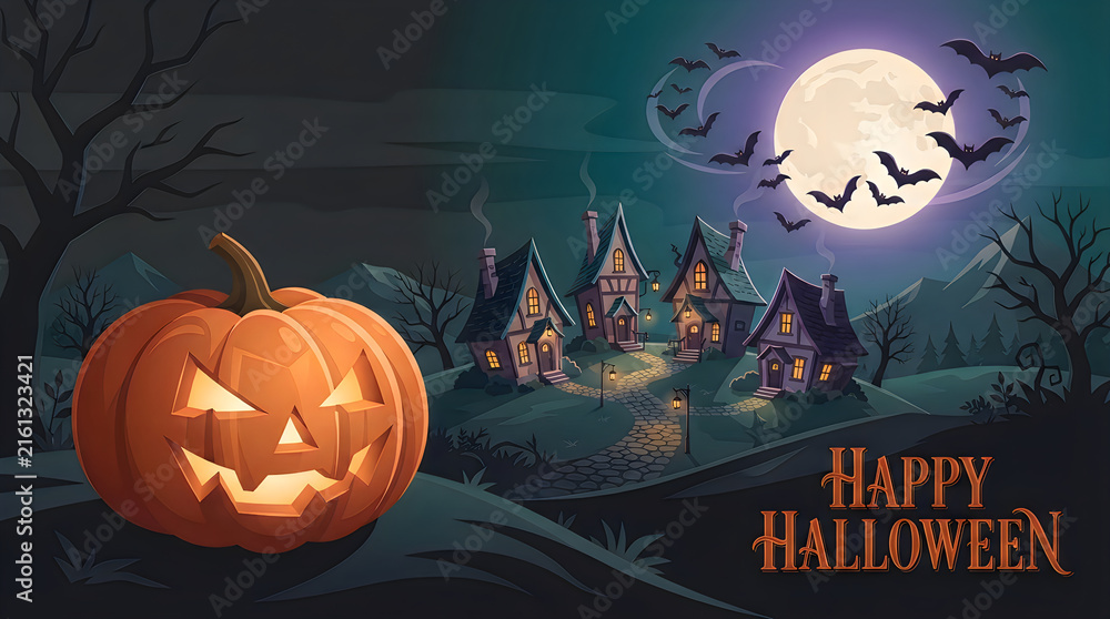 Fototapeta premium Happy Halloween night spooky village illustration with pumpkin, haunted houses, full moon, bats, carved jack-o-lantern, scary landscape, tree silhouettes Halloween.