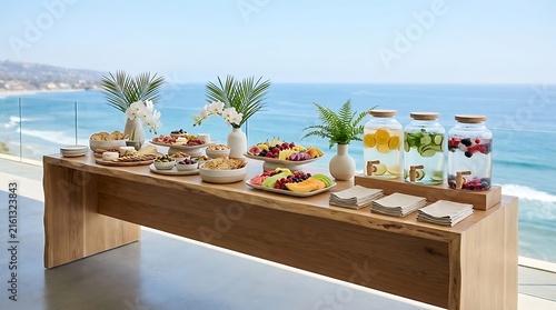A long wooden catering buffet table with fresh healthy food and drinks set up for a luxury outdoor event on a sunny terrace overlooking the blue ocean sea view. oceanfront catering arrangement