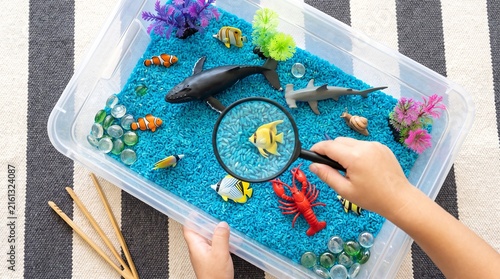 Educational sensory bin with blue rice and ocean animals. Child playing with marine life toys and magnifying glass. Montessori learning activity.