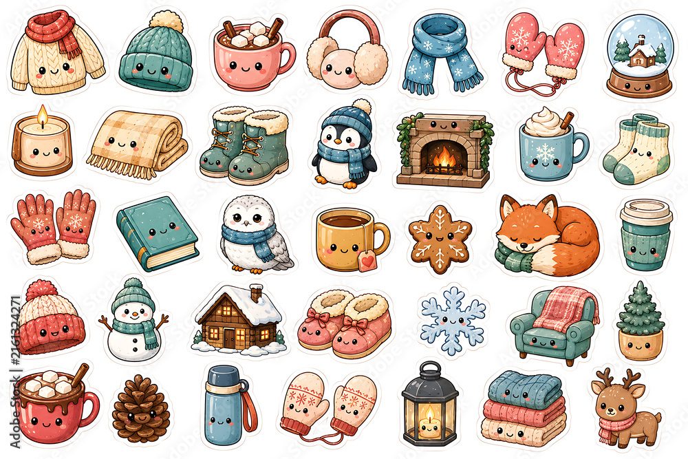 Naklejka premium Cute winter icons set with kawaii seasonal elements for cozy holiday design projects