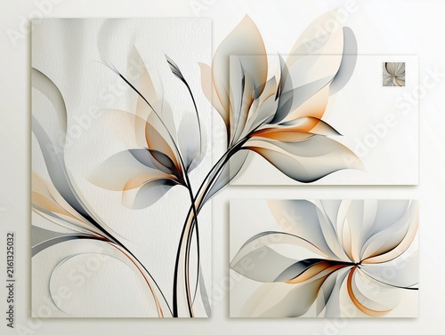 AI-generated illustration of stationery -- a sheet of paper and a notecard with a beautiful floral pattern and a matching envelope, in white, gray, black, orange, purple and blue