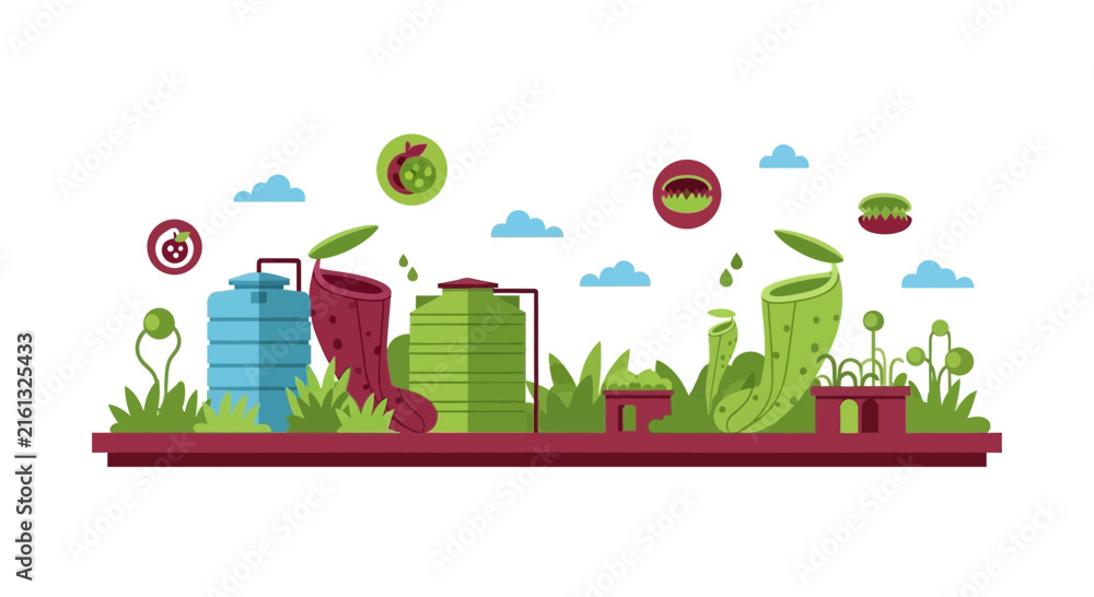 Obraz premium Biotechnology Concept: Carnivorous Plant Cultivation System with Pitcher Plants and Water Storage Tanks in Flat Design Style