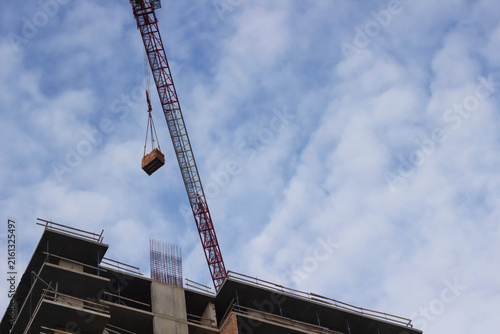 A construction crane lifts a pallet of ceramic bricks.