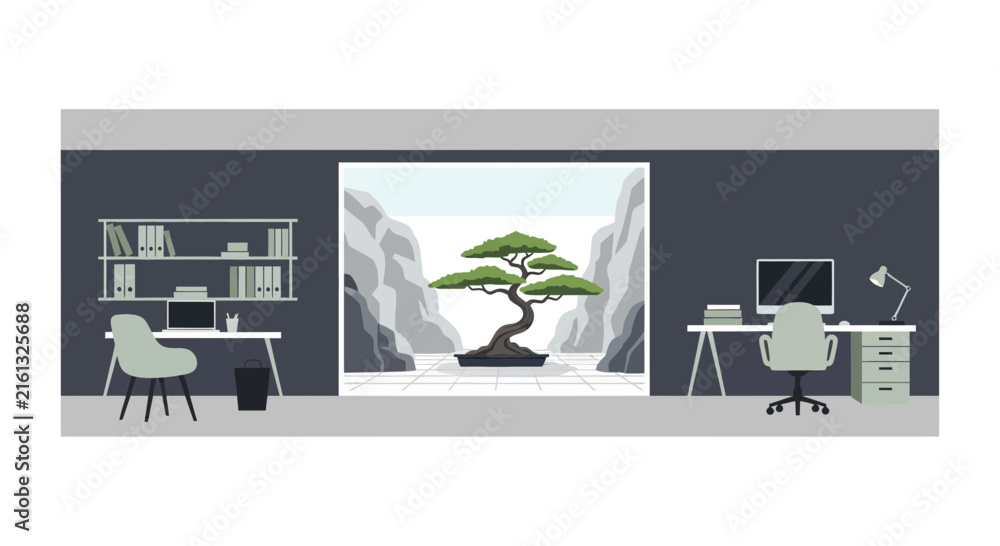 Fototapeta premium Modern Minimalist Office Interior with Zen Bonsai Garden View