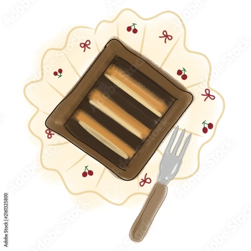 London Viral Chocolate and Caramel Layer cake on a plate hand drawn illustration on a white background 