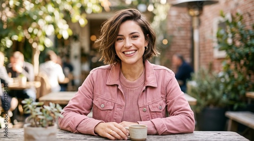 Happy young woman with short hair wearing a pink jacket sitting at a table in a cozy outdoor cafe garden with a cup of coffee