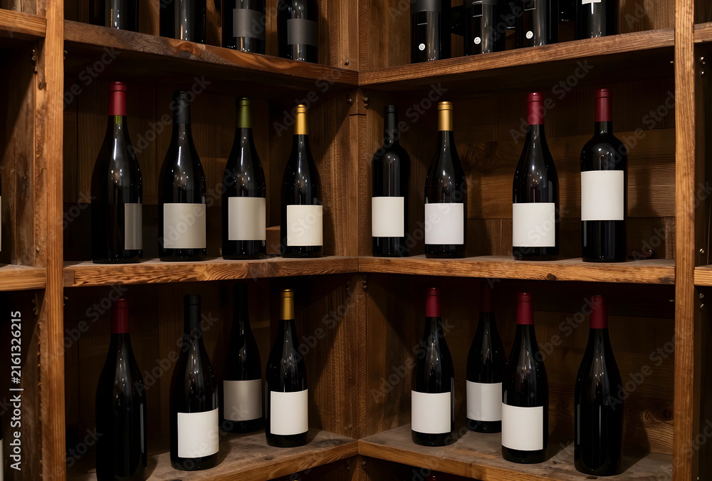 Naklejka premium Wine cellar storage, red wine bottles on wooden shelves, luxury wine collection and tasting experience